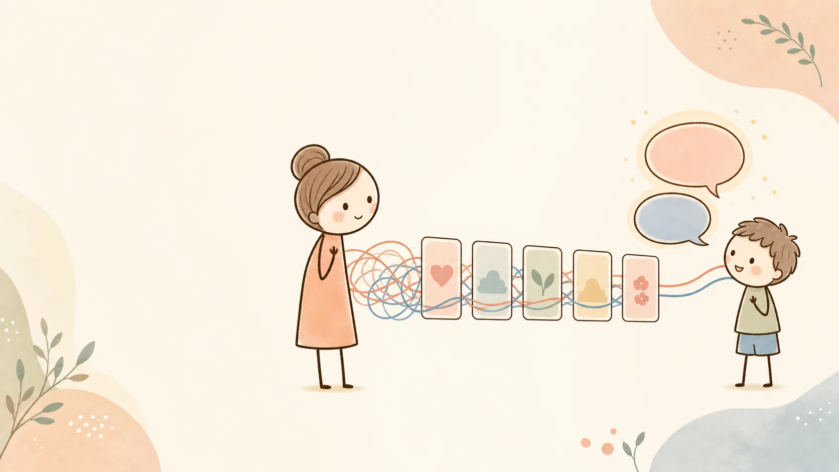 絡まった会話が5枚のカードを通して整理される親子のイラスト